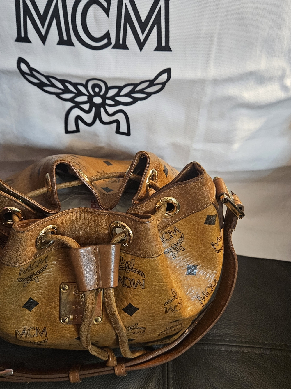 MCM Brown Visetos Logo Drawstring Bucket Bag - Picture 2 of 8